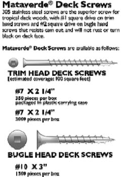 Stainless steel deck screws, deck fasteners, ipe screws, ipe fasteners
