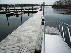 Garapa Decking weathering to a silvery patina on a dock in Rhode Island