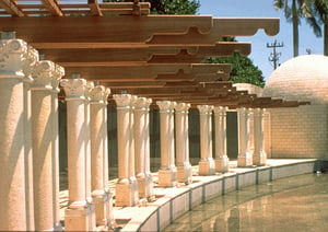 Japanese style wood pergola with stone columns