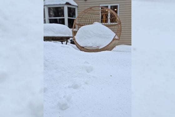 A backyard deck and patio furniture covered in several feet of deep snow