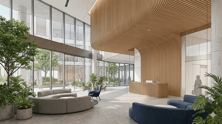 AI generated image of an architect's rendering using Arbor Wood thermally modified fluted pine wood soffit and accent wall