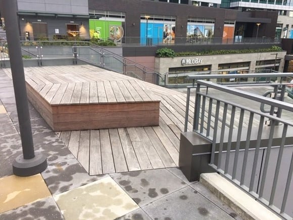 Amphitheater bench and rooftop hardwood deck