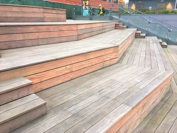 Amphitheater hardwood steps on rooftop deck