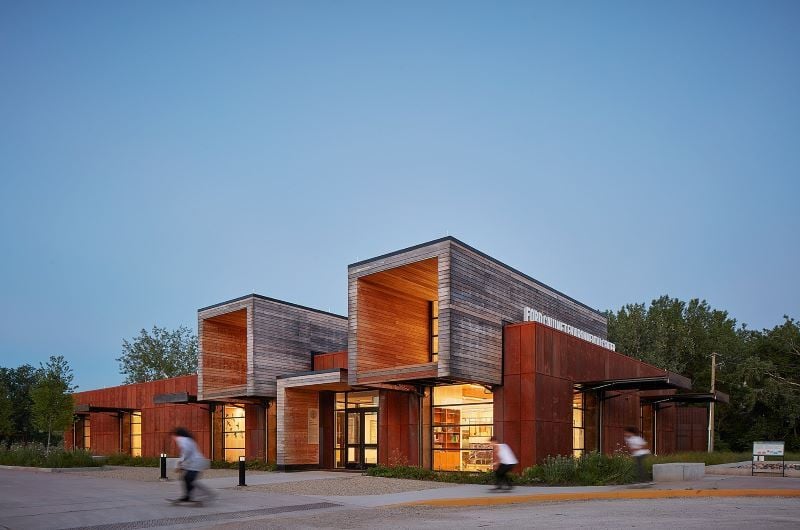 Mataverde+ Arbor Wood Ash thermally modified wood siding at an environmental Center in Michigan, a modern façade with significant design features.
