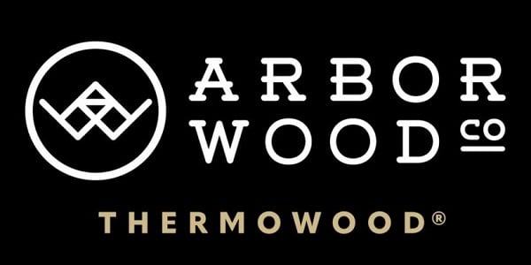 Arbor Wood white and gold thermowood logo on black 600x300