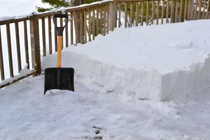 Black plastic snow shovel with a yellow and black handle stuck in the snow on a snow covered wood deck