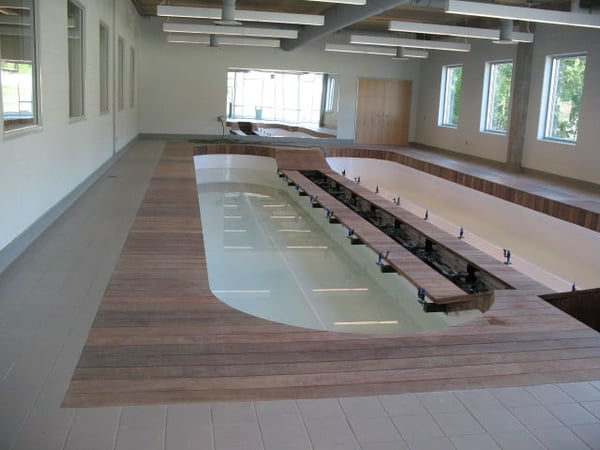 wood decking and ceiling at indoor spa pool