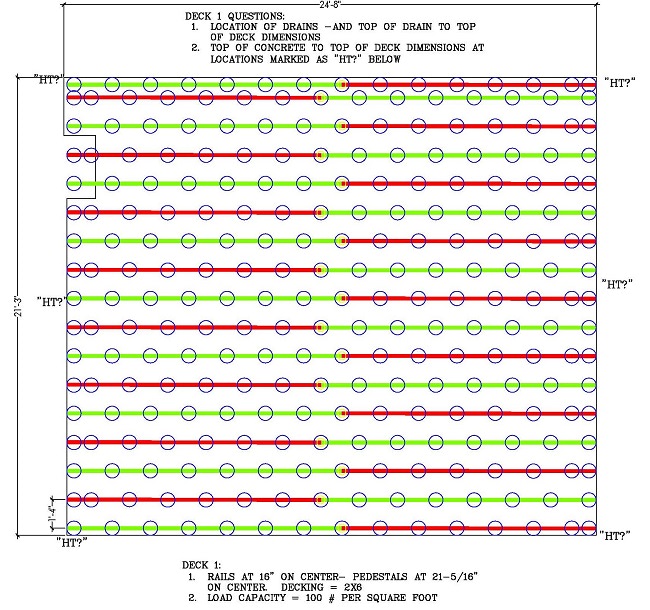 Eurotec Aluminum joist and adjustable pedestal rooftop deck frame layout
