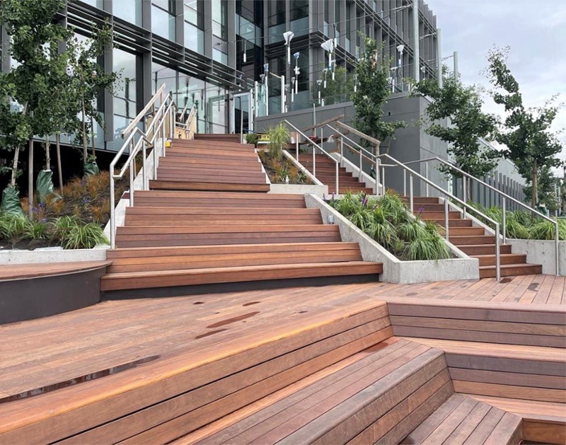 Mataverde Ipe wood rooftop deck in the Seattle, WA under construction, trusted the Eurotec Rooftop Deck System to more simply create multiple levels and stairs over an existing commercial rooftop.