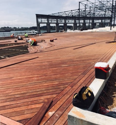 FSC Machiche boardwalk design under construction in Oakland, CA by Mataverde Decking