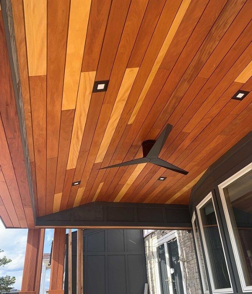 Mataverde Garapa Wood Rainscreen Siding using the CS2 clip for a covered wood soffit 