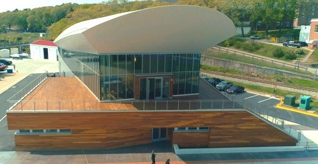 Garapa rooftop deck and  wood rainscreen cladding on Coast Guard Academy Maritime Center of Excellence, CT