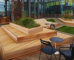 Garapa rooftop decking, benched and planters photo by Sergey Raikin