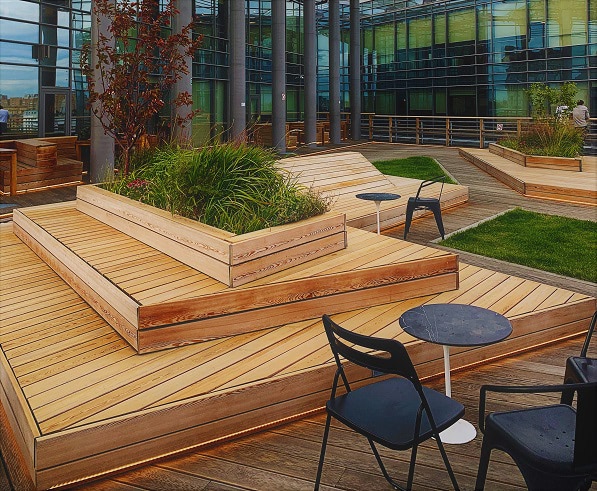 Garapa rooftop decking, benches and planters