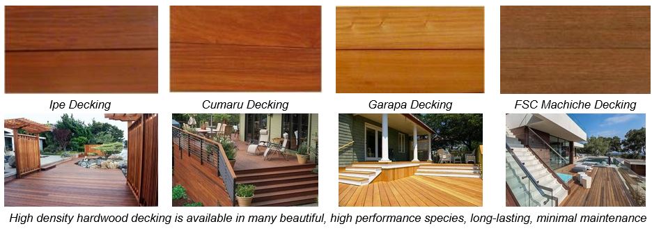 High density hardwood decking is available in many beautiful, durable, long lasting wood species