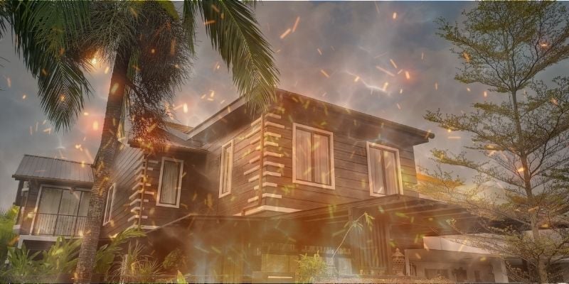 House behind flying embers illustration