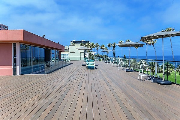 Completed composite decking shown over the Eurotec Rooftop Deck System at La Jolla Cove Hotel, San Diego