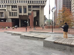 Ipe heavy timber benches at granite walkway and steps