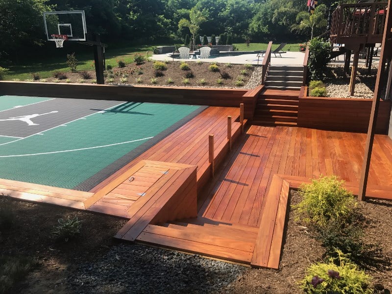 Ipe deck and stairs and retaining walls at outdoor basketball court