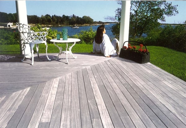Ipe deck weathered to silvery gray patina