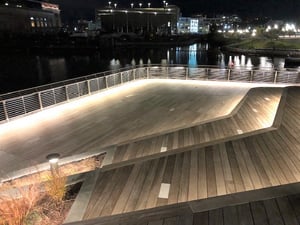 Ipe decking and steps at night Providence Pedestrian Bridge