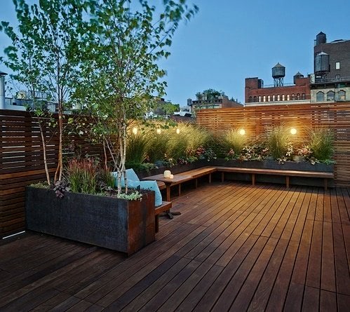 Ipe Rooftop Deck with built in benches and planters in NYC