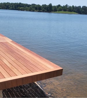 Jatoba decking and trim for fascia cantilevered over the water