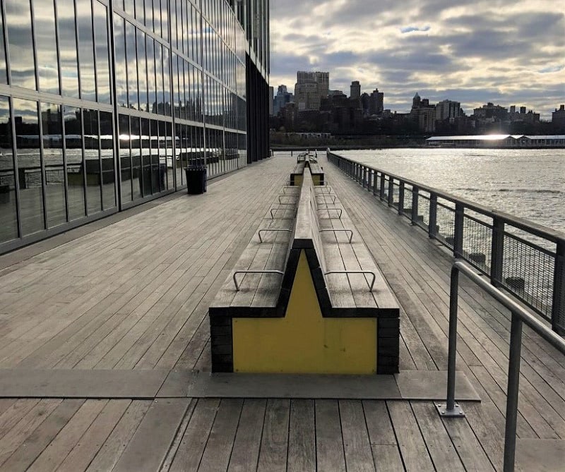 Jatoba hardwood deck and benches at South Street Seaport NYC after 6 years of weathering by Mataverde Decking