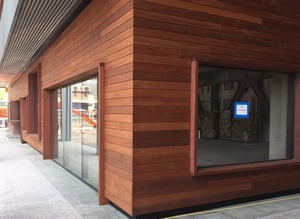 Jatoba wood rainscreen siding on storefront
