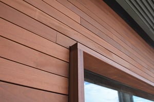 Jatoba wood rainscreen siding with Seal Once Bronze Cedar semi-transparent tint