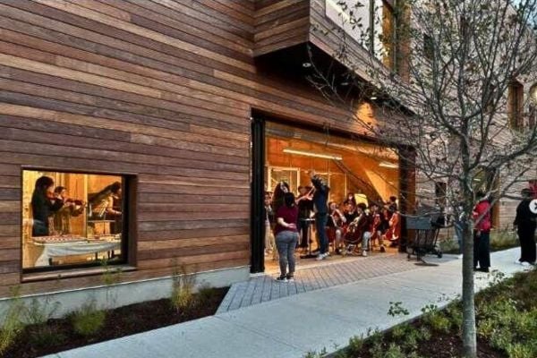 Mataverde Ipe Climate-Shield Rainscreen Ipe Wood Siding on a music school photo courtesy of Sebastian Ruth @communitymusicworks.org