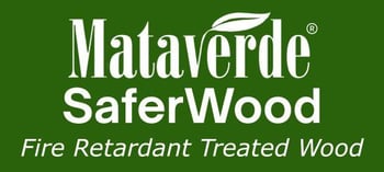 White text on green logo says Mataverde SaferWood Fire Retardant Treated Wood