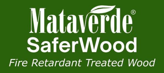 White text on green logo says Mataverde SaferWood Fire Retardant Treated Wood