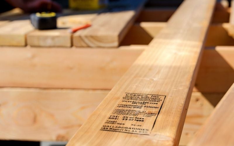 Mataverde SaferWood STK Cedar Decking Campbell Tiny House Cedar boards detail with Chemco label