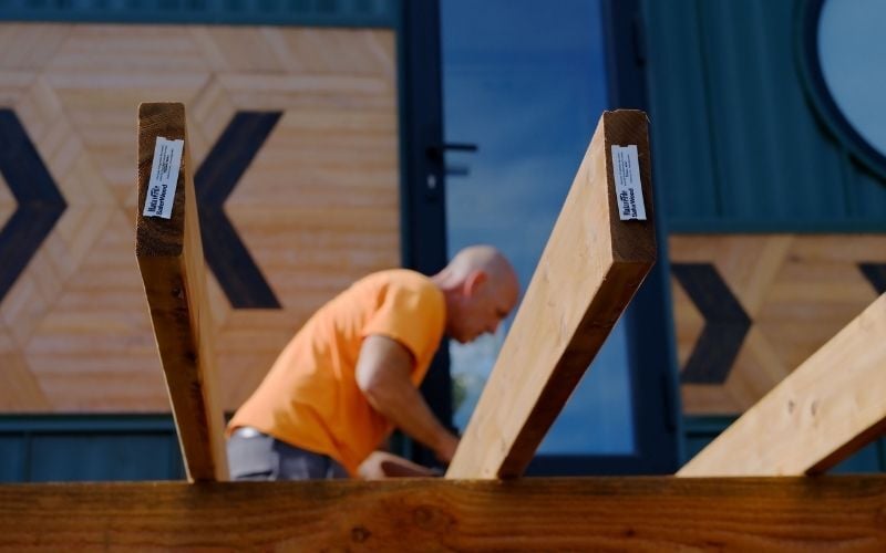 Mataverde SaferWood STK Cedar Decking Campbell Tiny House Hero shot of decking board ends during install