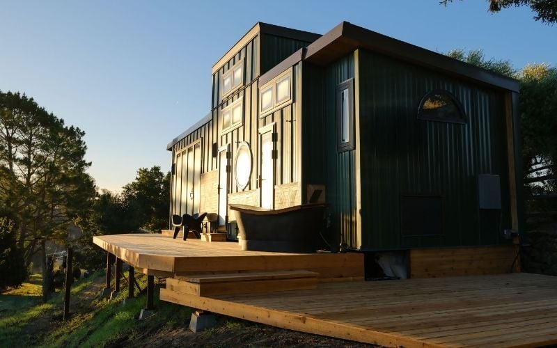 Mataverde SaferWood STK Cedar Decking Campbell Tiny House both levels and steps before completion and railings