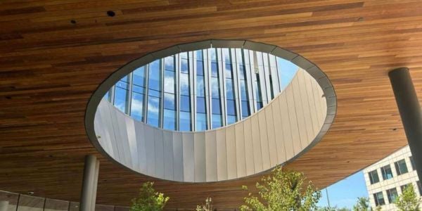 Mataverde SaferWood ThermaWood FR thermally modified wood exterior atrium wood soffit in Boston, MA photo courtesy  T. J. McCartney, Inc. 600x300