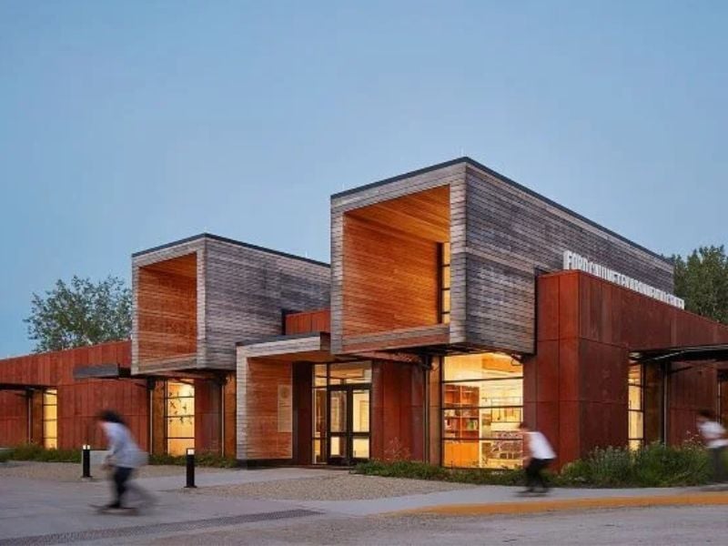 Mataverde+ Arbor Wood Ash thermally modified wood siding at an environmental Center in Michigan, a modern façade with significant design features.