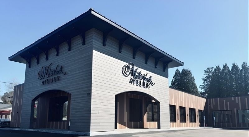 Matunuck Atelier and Market Entrance in Mystic Cedar Wood Décor and building in Tropical Ipe décor with Western Red Cedar décor Accents angled view of building from Mataverde Decking.com