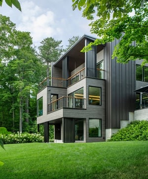 Modern residence in Vermont with Trespa Pura siding Aged Ash wood decor