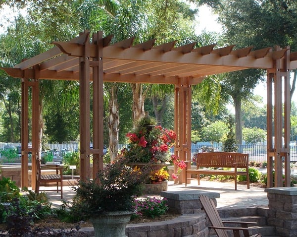 Ipe hardwood pergola with benches