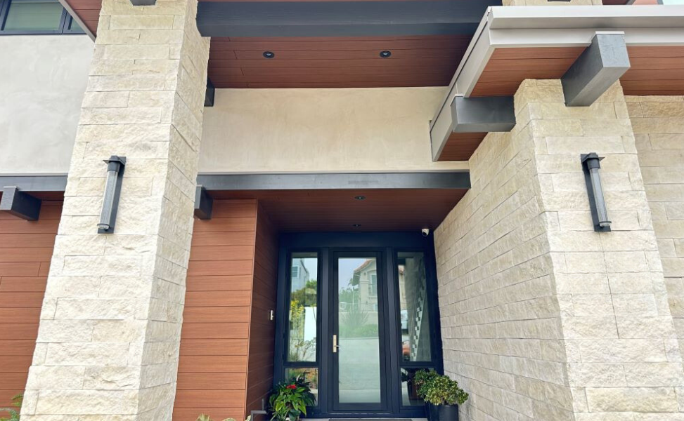 Pura NFC Tropical Ipe wood decor on entryway siding and soffits