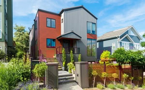Pura NFC siding wood decor used with corrugated metal siding