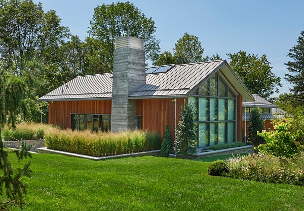 Rear view of the Ipe vertical siding and Climate Shield rain screen system