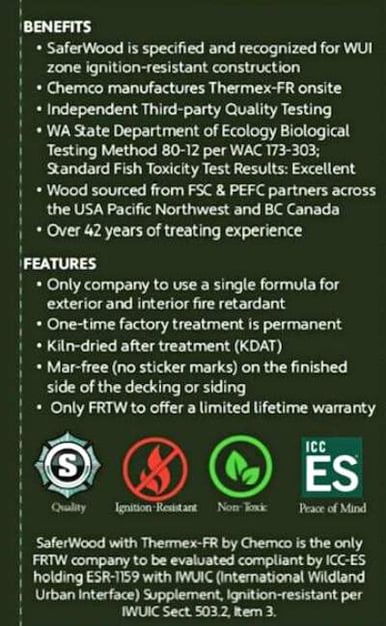 SaferWood fire treated lumber infographic with list of benefits and test results at Mataverde