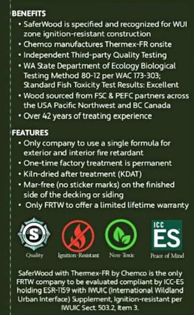 Chemco SaferWood fire treated lumber infographic with benefits and features