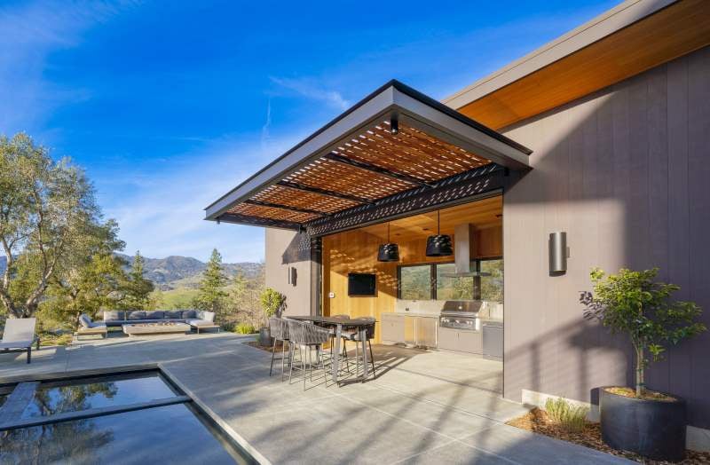 ThermaWood FR Hem-Fir Siding Outdoor Kitchen Side View The Ridge House project CA