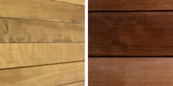 The naturally occurring range of the deepened colors of the Hemlock in Mataverde SaferWood thermal modification, shown with finished Penofin oil-based UV protectant