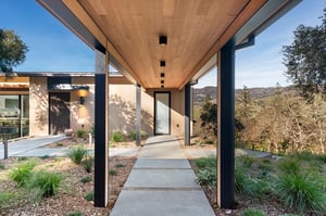 ThermaWood FR Hemlock outdoor ceiling on walkway to ADU Adult dwelling unit