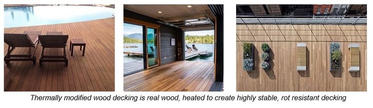 Thermally modified real wood decking is highly stable, durable, and rot resistant